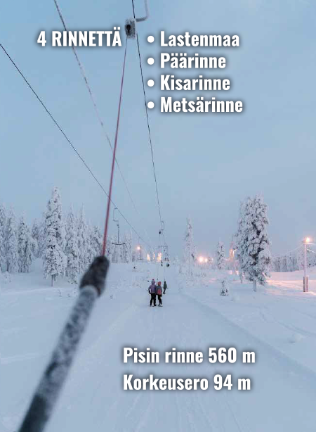 4 rinnettä, lastenmaa, päärinne, kisarinne ja metsärinne. Pisin rinne 560m, korkeusero 94m. 